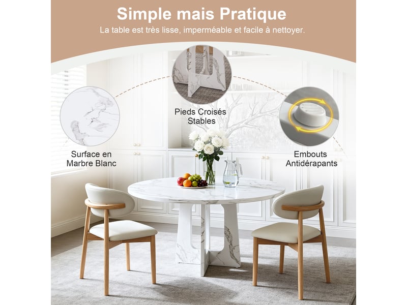  Ensemble table ronde et 2 chaises, table à manger ronde 4 à 6 personnes, effet marbre blanc, mdf et pieds en chêne massif  - Conforama R
