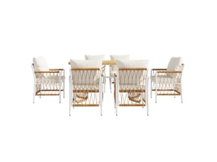 Salon de jardin 159,5x77,5x75 cm 1 table et 6 chaises avec coussins métal beige, brun et naturel
