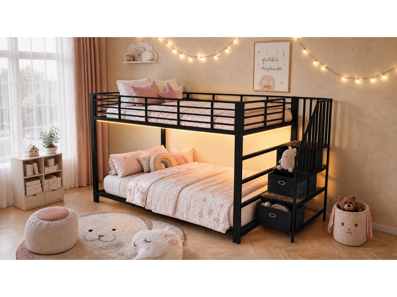  Lit superposé 140 × 200 cm, escalier réversible avec 3 rangements, led musicale, 2 prises et 2 ports usb, noir  - Conforama B