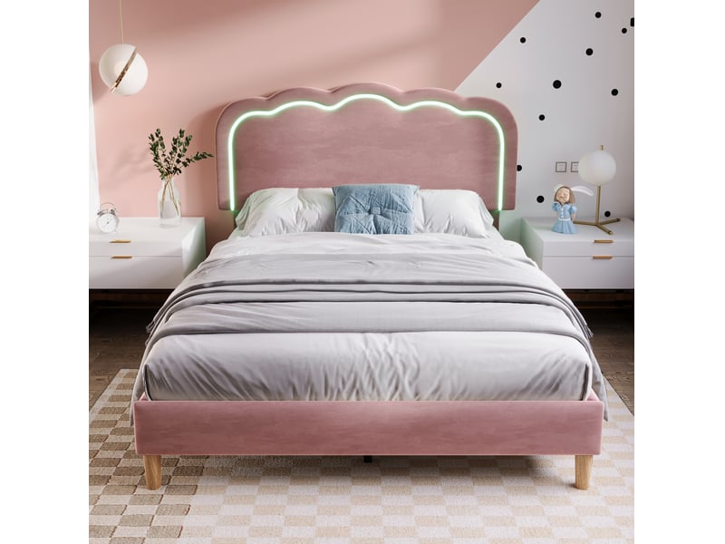  Lit double 140x200 cm avec tête de lit réglable en forme de coussin, éclairage led, velours rose  - Conforama B