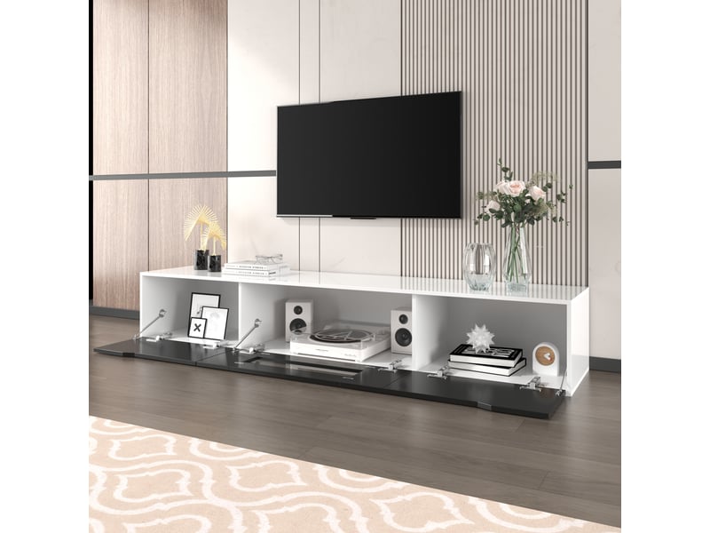  Meuble tv led - 3 compartiments - finition hautement brillante à l’avant - mdf - 180 x 30 x 35 cm - noir et blanc  - Conforama C