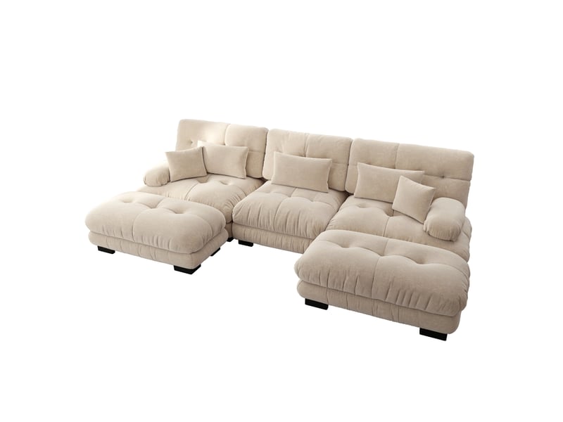  Canapé modulable u 313x145x81 cm, convertible 3 places, pouf, assise généreuse, chenille, beige clair  - Conforama A