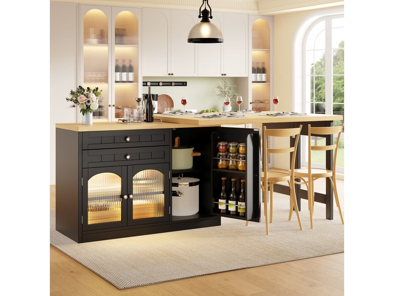 Îlot de cuisine extensible 120 à 194 cm noir avec plateau pivotant et rangements - Conforama D