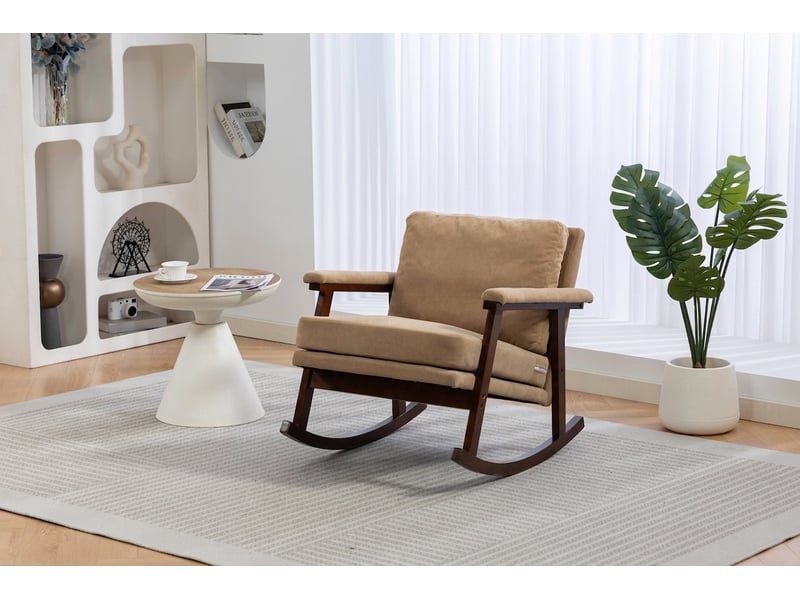  Fauteuil à bascule moderne mid-century, structure en bois robuste, fauteuil de lecture pour chambre marron  - Conforama D