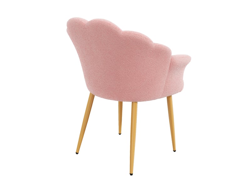  Fauteuil rembourré avec dossier en pétales et accoudoirs, coussin inclus et pieds dorés en tissu bouclette rose  - Conforama A