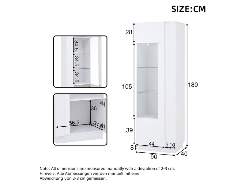  Vitrine haute 60x40x180 cm led façade brillante panneau de particules blanc  - Conforama E