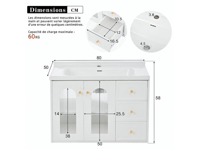 Meuble vasque suspendu 80 cm blanc en mdf avec vasque intégrée en céramique - Conforama C
