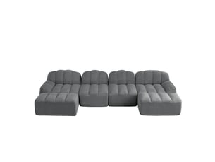 Canapé modulable panoramique en u 4 places, revêtement tissu polaire granuleux gris, structure sans dossier ergonomique et profonde
