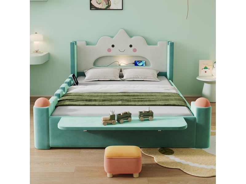  Lit enfant 140x200 cm avec tête de lit nuage, lampe led usb et tiroir de rangement, velours, bleu-vert, sans matelas  - Conforama D