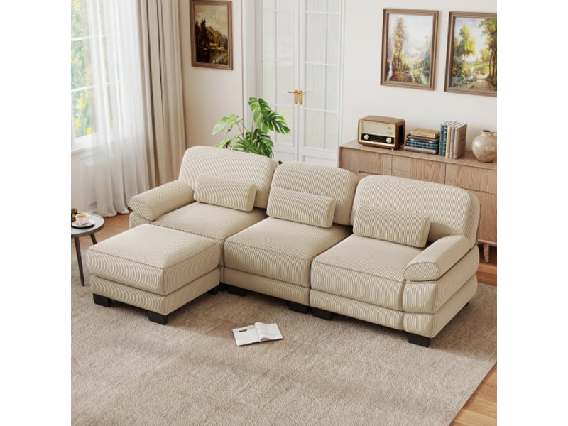 Canapé d’angle modulable,265x161x94 cm,3 places avec pouf,velours côtelé,beige - Conforama B