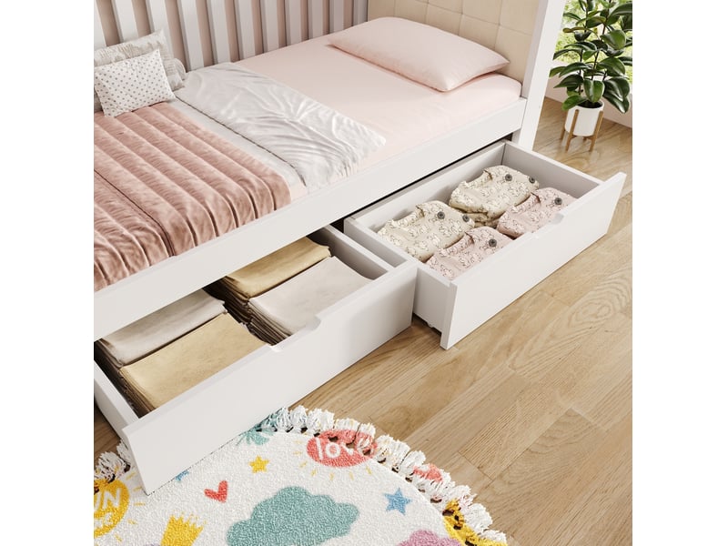  Lit banquette enfant 90x200 cm en bois blanc avec 2 tiroirs et dossier en velours  - Conforama R