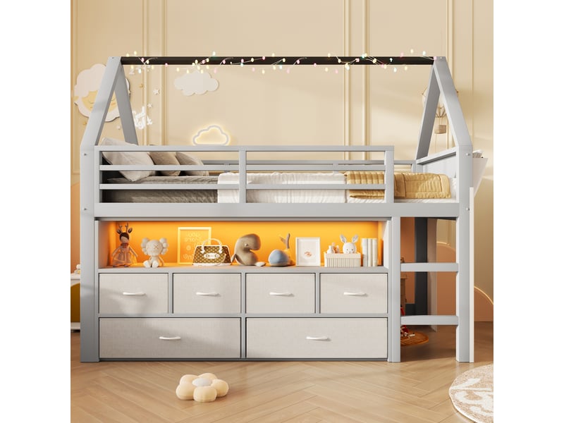  Lit mezzanine 90x200cm avec guirlande led, 6 tiroirs en tissu, rideau latéral et poche de rangement, gris evarich - Conforama E