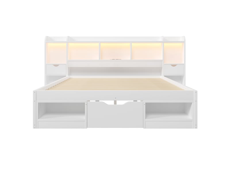  Lit adulte 140 x 200 cm, avec tête de lit dotée d'un espace de rangement, de tiroirs, d'une lampe led et d'un port usb, blanc  - Conforama A