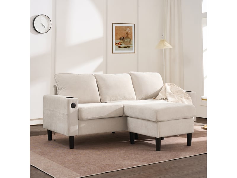 Canapé convertible d'angle en lin beige avec pouf, ports usbtype-c et porte-gobelets - 202 x 137 x 80 cm - Conforama D