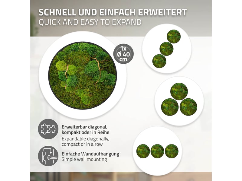 Ecd germany tableau végétal mural, mélange de mousses stabilisées et de branches, cadre en mdf rond ø 40 cm, vert, décoration d'intérieur véritable effet 3d, sans arrosage ni entretien, pièce unique ECD Germany GmbH - Conforama D