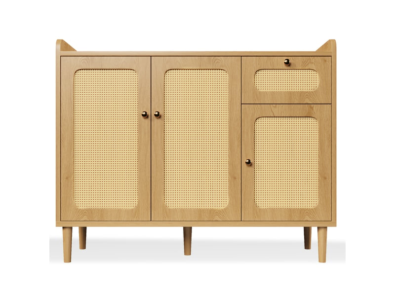  Buffet bas 120x40x91 cm avec 3 portes et 1 tiroir, bahut de salon avec étagères réglables, cannage effet rotin et fermeture douce - chêne  - Conforama A