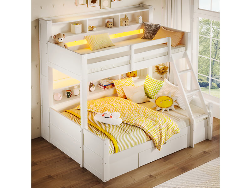  Lits superposés 90x200cm+140x200cm blanc, échelle, garde-corps, compartiments, tiroir, led, sans matelas  - Conforama D