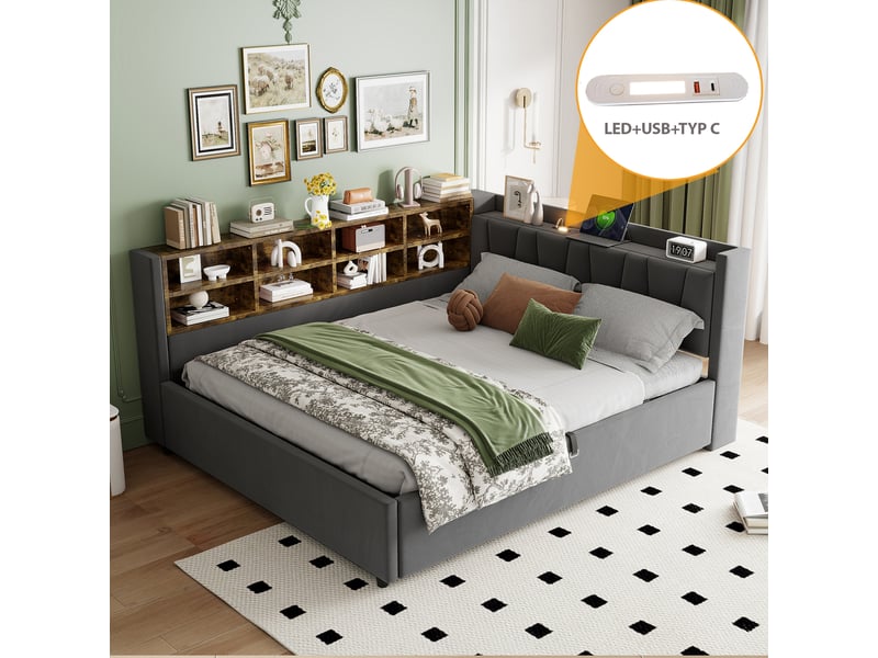  Lit coffre enfant 140x200 cm, led, usb type-c, étagères, rangement, sommier, velours gris foncé, sans matelas  - Conforama W