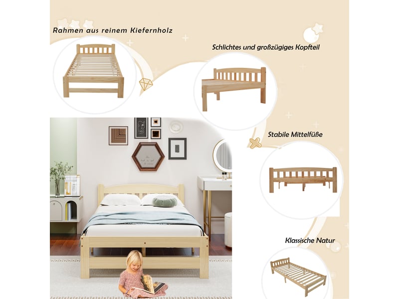  90x200 cm lit enfant capitonné avec tête de lit, lit simple en bois massif avec sommier à lattes, lit simple, couleur naturelle  - Conforama E