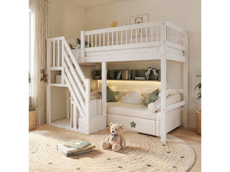 Lit simple 90x200 cm avec escalier de rangement en bois blanc - Conforama D