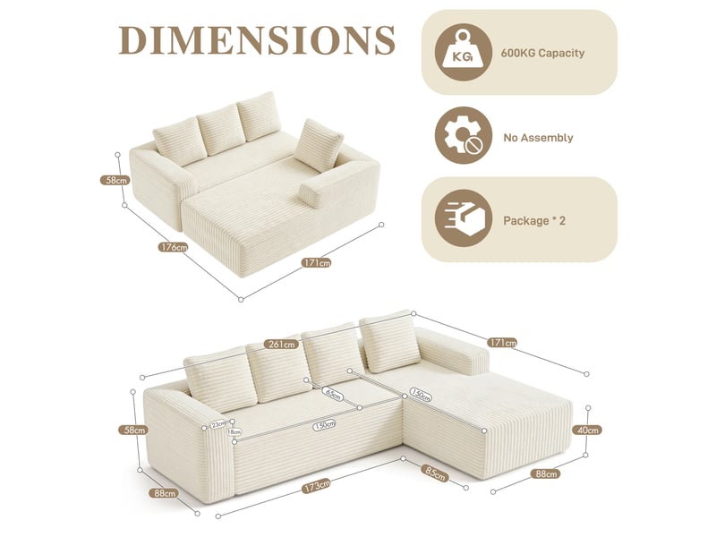  Canapé d'angle modulable 261x168x58 cm – beige – chaise longue à gauche, assise profonde, sans montage  - Conforama C