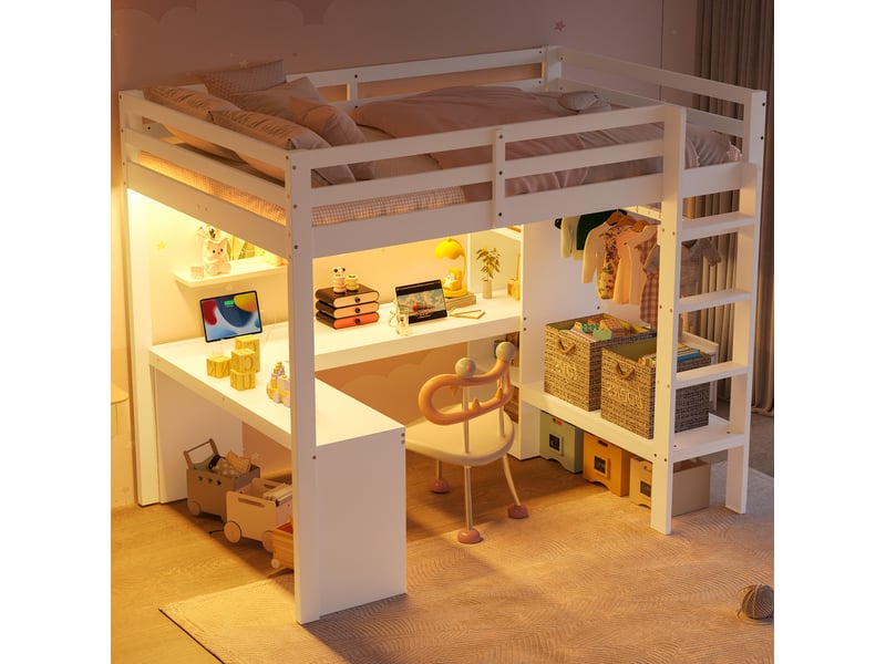  Lit mezzanine 140x200, bureau, rangements, led bluetooth usb, pin et mdf blanc sans matelas  - Conforama D