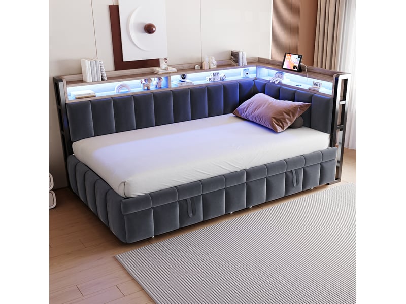  Lit banquette 90x200 cm – gris foncé – lit gigogne led, rangements et ports usbtype-c – sans matelas  - Conforama B