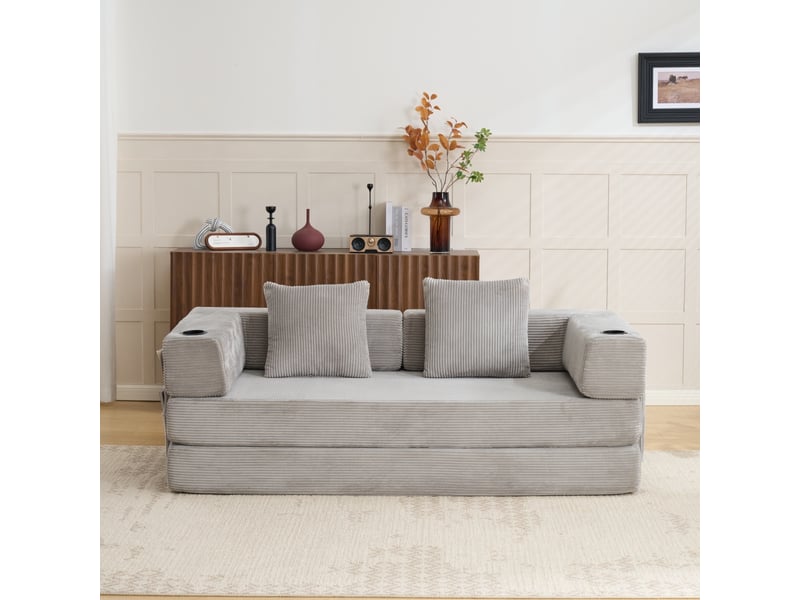  Canapé de sol corda, gris clair, convertible en lit, porte-gobelet, poche latérale, tissu velours côtelé  - Conforama B