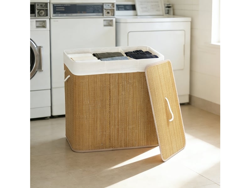  Panier à linge à 3 compartiments avec couvercle et sac lavable en bambou marron 60 × 40 × 60 cm  - Conforama B