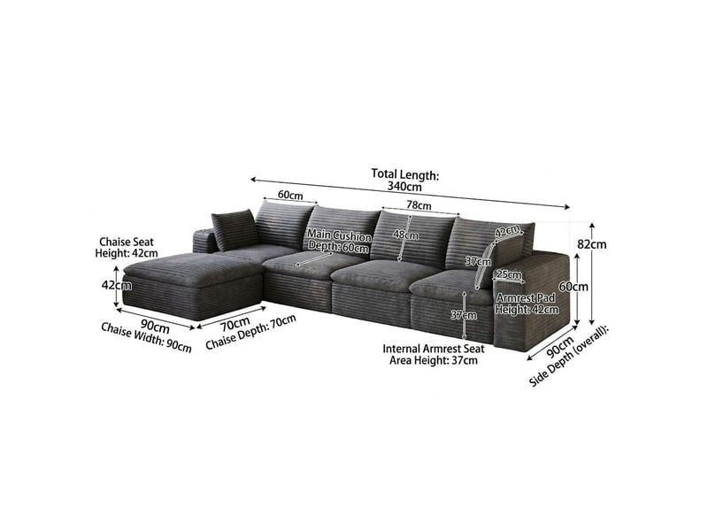  Canapé nuage en velours côtelé 5 places gris foncé 340 cm modulable  - Conforama E