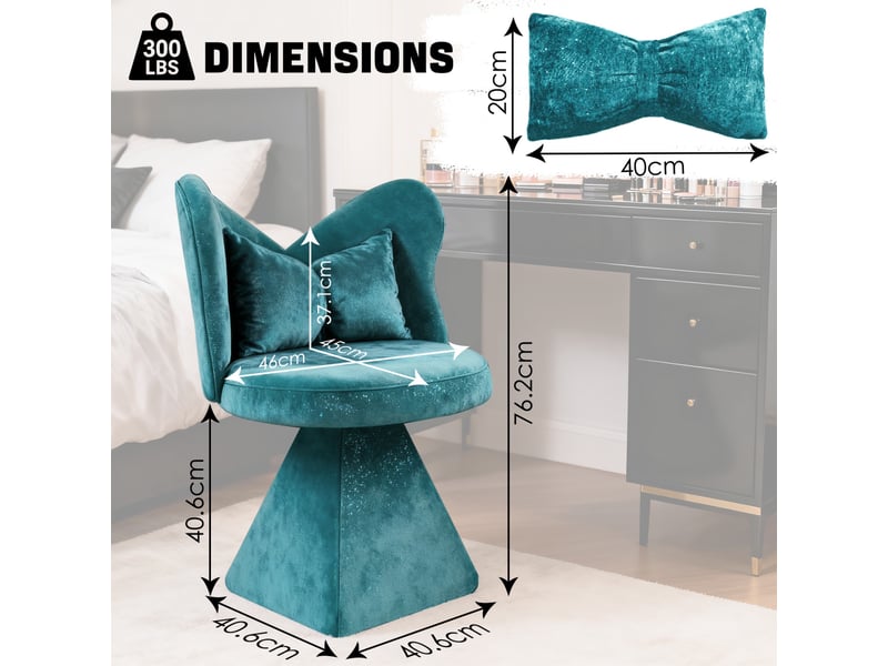  Fauteuil 46x45x76,2cm - chaise de coiffeuse pivotante 360° dossier papillon - avec paillettes et coussin nœud -chenille - bleu  - Conforama C