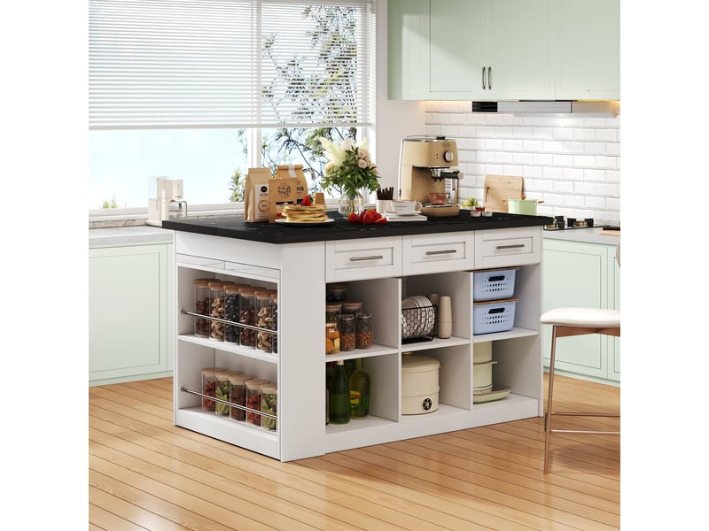  Îlot de cuisine 150x90x90 cm avec table coulissante 80x96 cm, 6 tiroirs, rangements réglables, plan effet marbre noir, table effet marbre blanc  - Conforama E