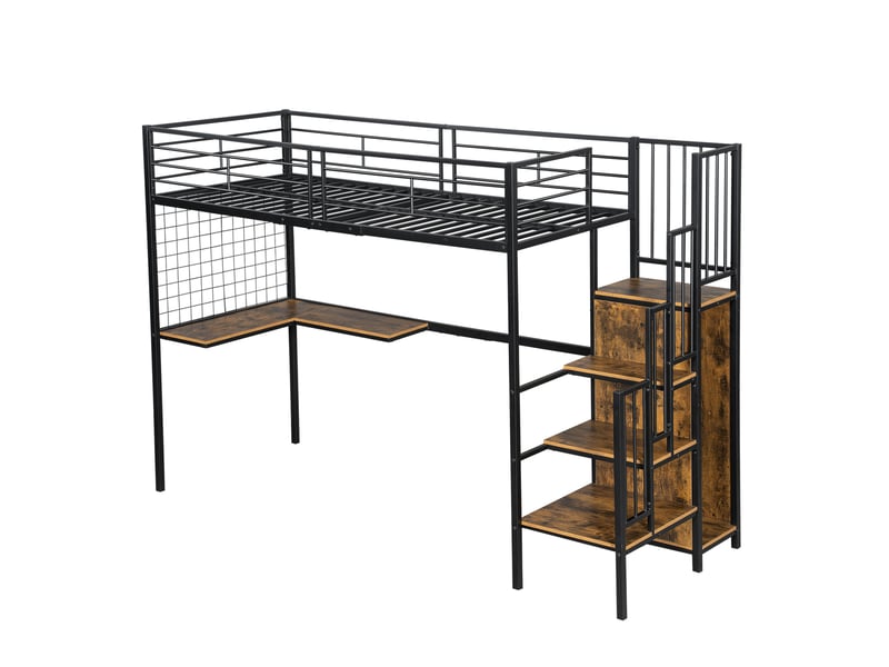 Lit mezzanine enfant 90x200 cm – noir et noyer foncé – bureau, armoire, escalier – sans matelas - Conforama D