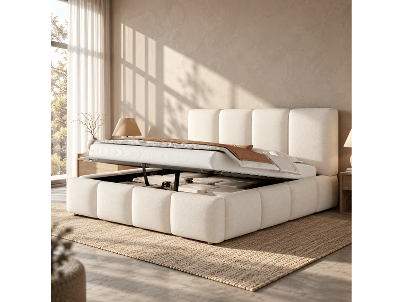  Lit coffre hydraulique 180x200 cm en bouclé blanc avec sommier et tête de lit  - Conforama B