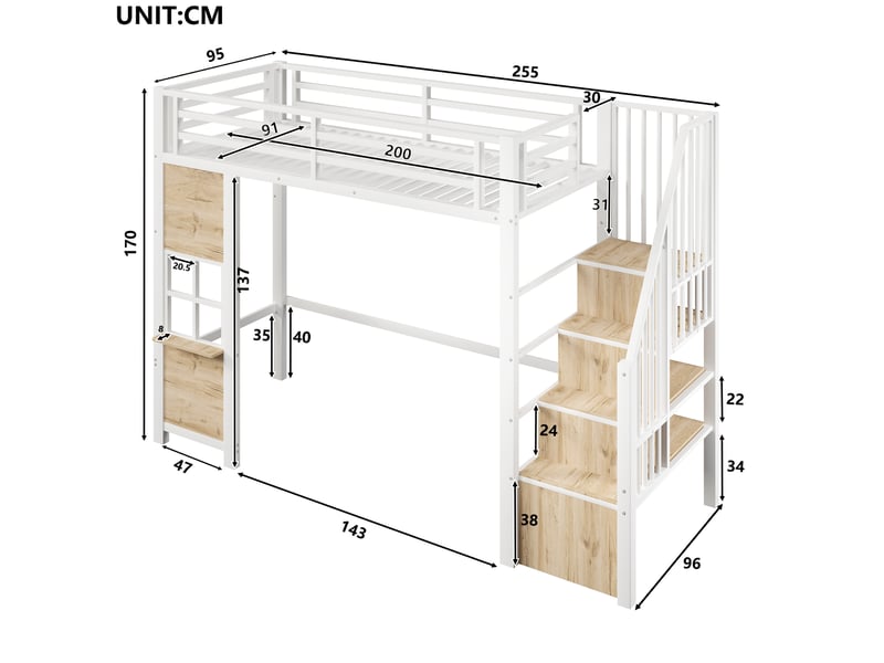 Lit mezzanine 90 × 200 cm avec escalier de rangement, étagères latérales et espace ouvert pour chambre enfant, blanc - Conforama C