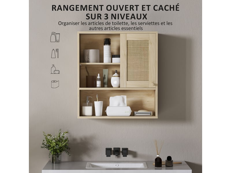  Armoire murale salle de bain, porte coulissante en rotin, bois naturel, 60 x 19,8 x 65 cm  - Conforama W