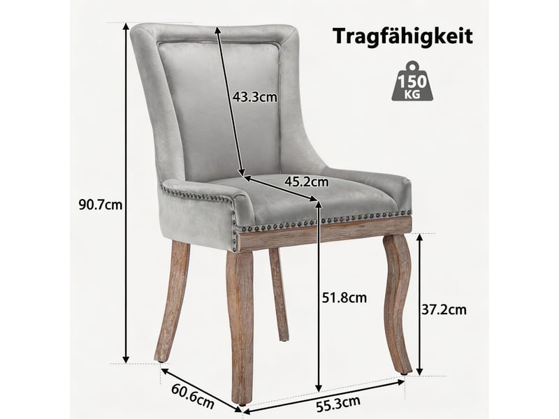  Chaise salle à manger luxe cuisine salon lot 4 rembourrée clous décoratifs pieds bois massif velours gris  - Conforama C