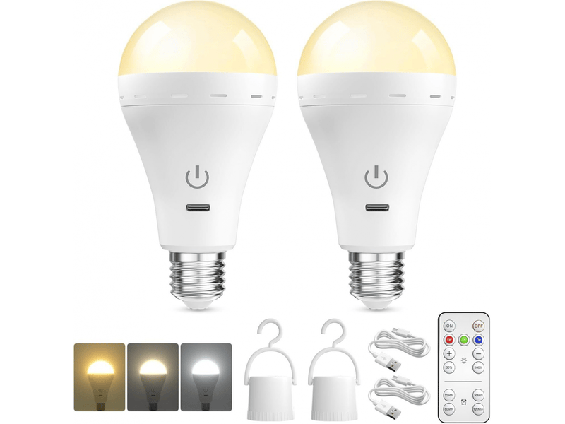  Ampoule rechargeable avec télécommande, variateur de 3 couleurs, e27, usb, fonctionne sur piles, d'urgence (paquet de 2)  - Conforama A
