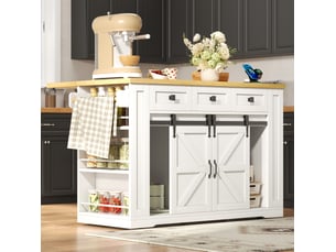 Desserte de cuisine mobile avec 3 tiroirs, portes coulissantes, plan rabattable et prises 130 × 80 × 87 cm