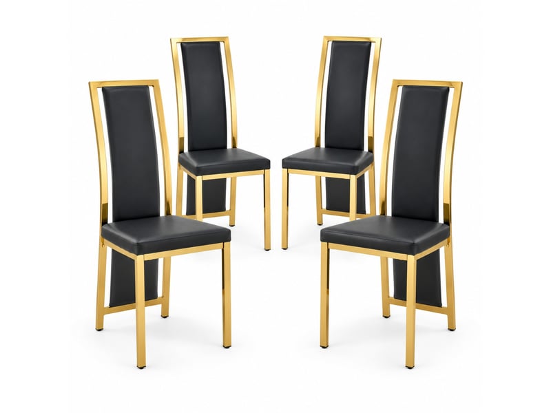  Lot de 4 chaises de salle à manger à dossier haut rembourrées en métal et cuir pu noir et doré  - Conforama A