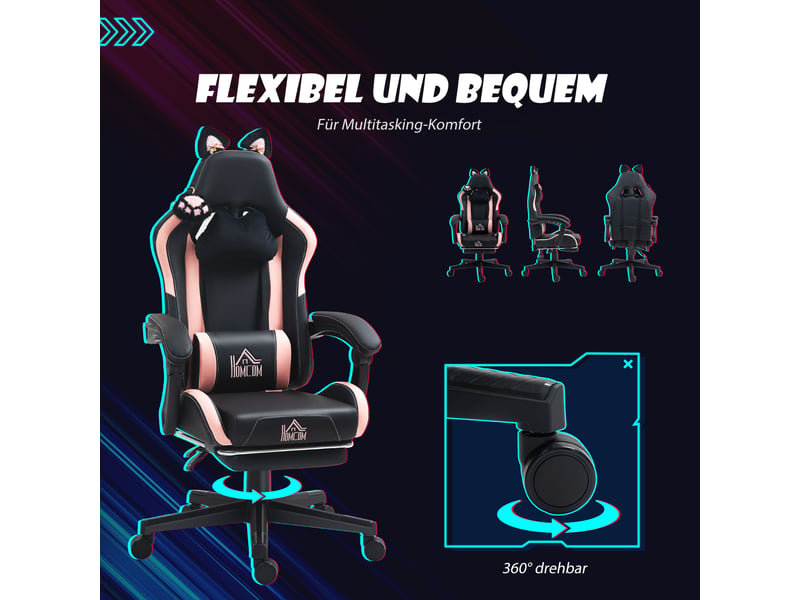 Chaise gaming oreilles de chat rose et noir avec repose-pieds escamotable, dossier inclinable 135°  - Conforama W