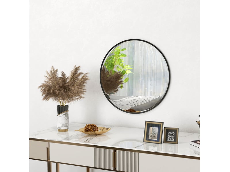 Miroir mural rond noir 61 cm avec cadre en aluminium et verre épais, idéal pour salle de bain ou salon moderne  - Conforama B