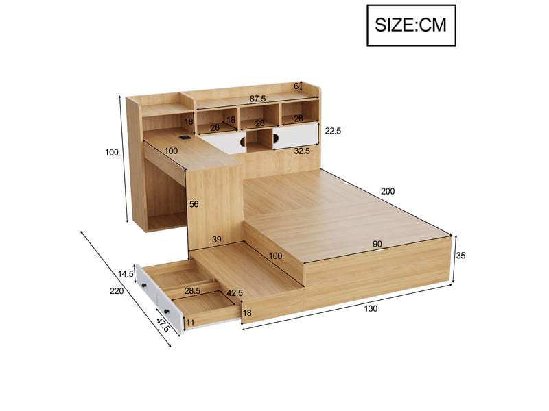  Lit simple multifonction 90x200 cm avec coffre et 2 tiroirs, bureau intégré avec prise, tête de lit à rangements et led, mdf, couleur bois clair Morn Vibe - Conforama D