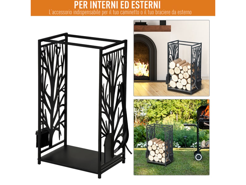  Porte-bûches en acier noir, 4 accessoires, capacité 100 kg, 46 x 30 x 70 cm  - Conforama W