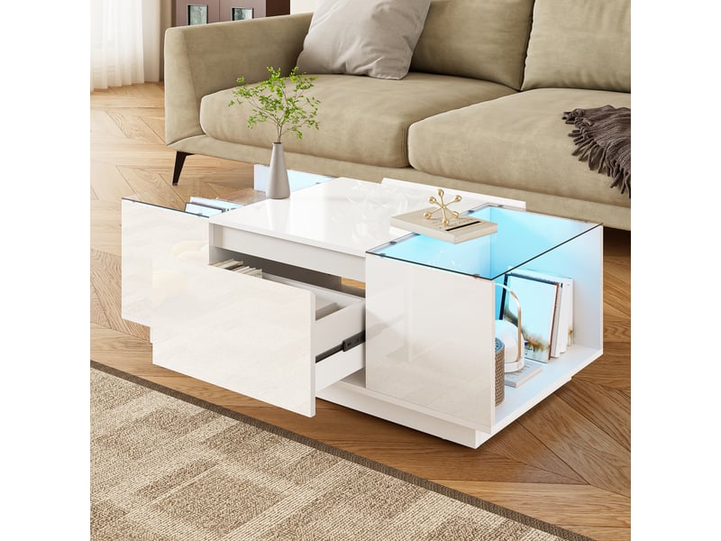  Table basse rectangulaire blanc avec 2 tiroirs - 50x105 cm led panneau de particules table basse blanc - Conforama B