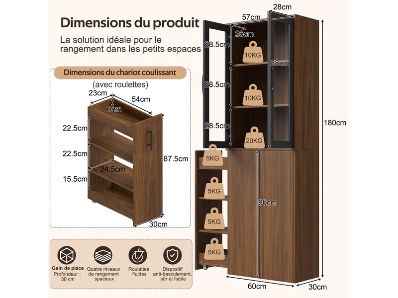  Meuble de rangement cuisine 60x30x180 cm avec portes vitrées, noir et naturel  - Conforama C