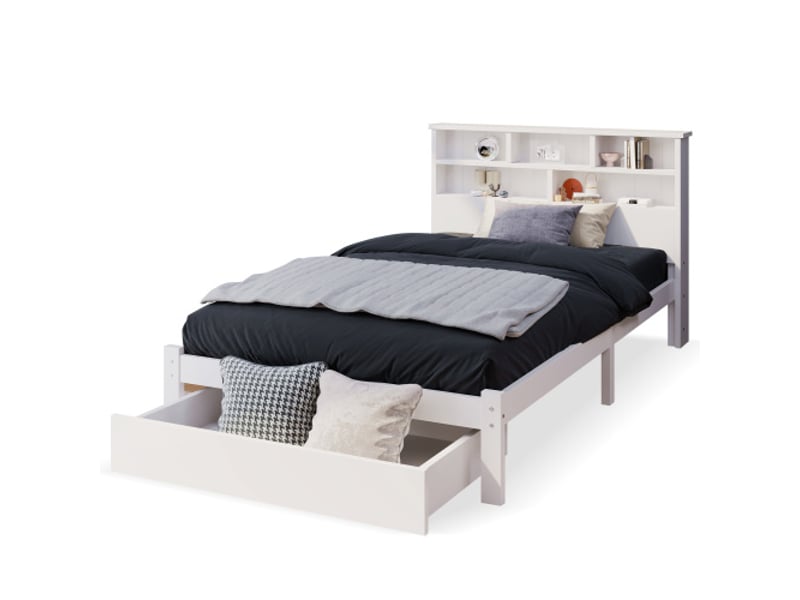 Lit enfant 90x200 cm, lit simple avec tiroirs, étagère et bibliothèque, pour ados et adultes, en bois massif, blanc, sans matelas - Conforama A