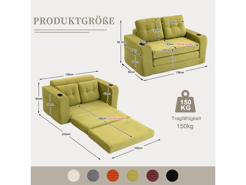 Canapé deux places en velours côtelé vert olive, canapé modulable avec assise 100 cm, coussins moelleux et porte-gobelets - Conforama D