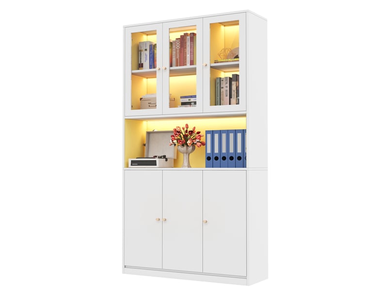  Bibliothèque 100x35x200 cm blanche en mdf, vitrine avec led et rangements pour livres et dossiers  - Conforama A