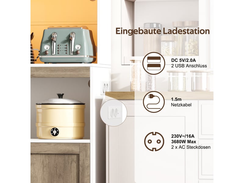 Armoire de rangement haute cuisine avec éclairage led et prises, buffet 6 portes et 1 tiroir, vitrine pour salon et salle à manger, 110 × 40 × 180 cm - Conforama D